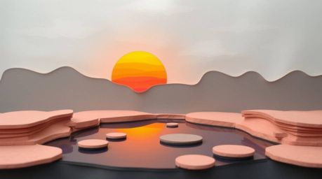 A stunning layered papier-mâché artwork depicts a serene pond reflecting a vibrant sunset.  The piece showcases meticulously 