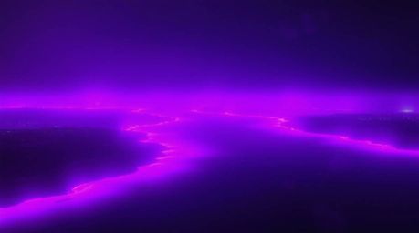 Experience a breathtaking cinematic portrayal of a river delta bathed in deep ultraviolet hues, presented with a soft haze th