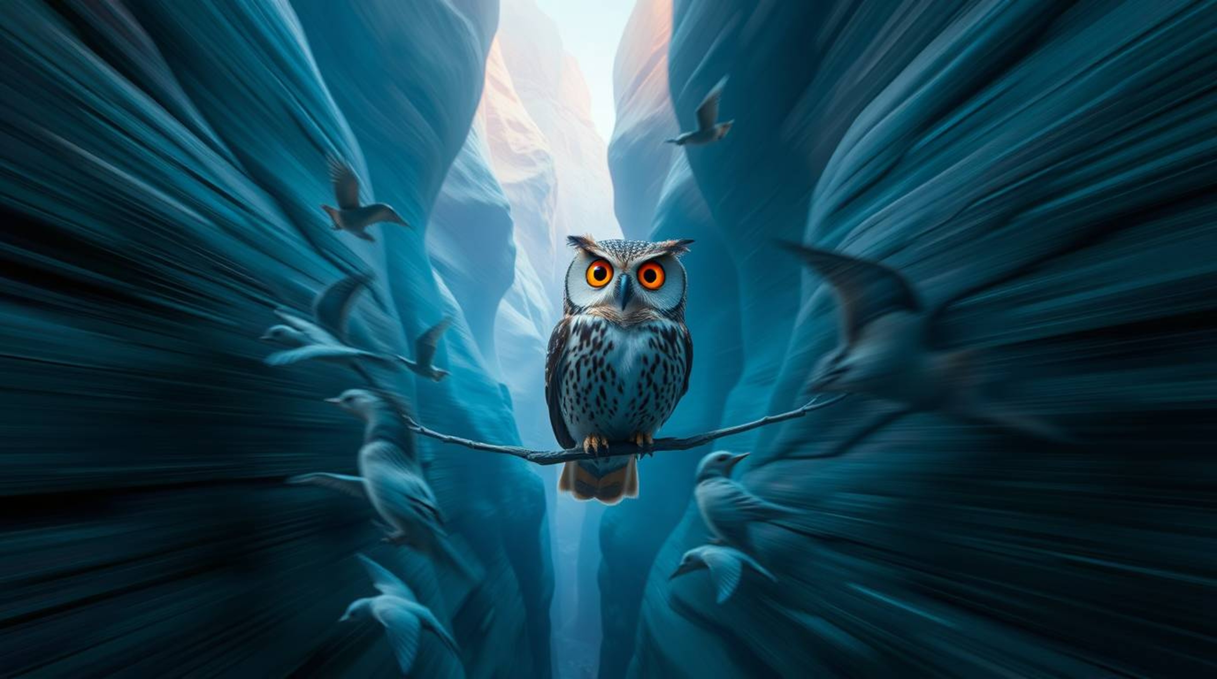A captivating photographic image depicts a blind owl, envisioned in the signature Pixar style, leading a diverse flock of bir