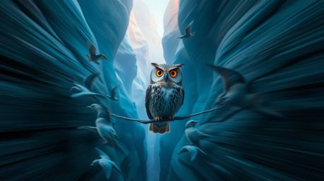 A captivating photographic image depicts a blind owl, envisioned in the signature Pixar style, leading a diverse flock of bir