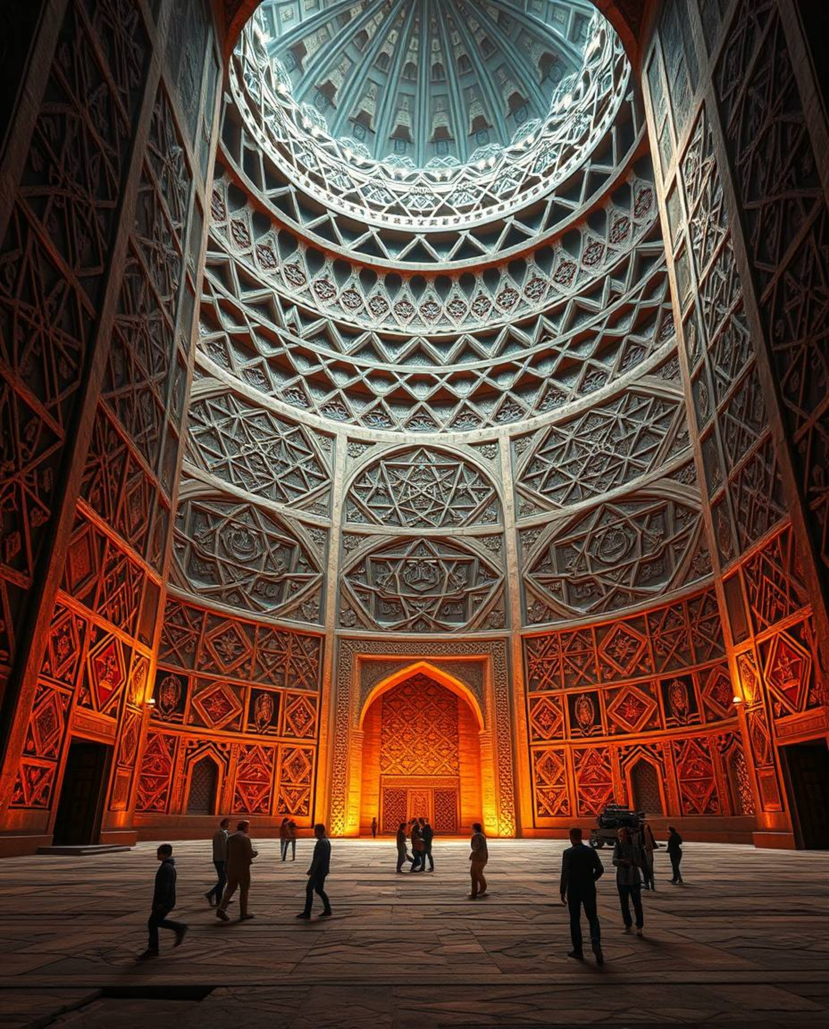Explore the grandeur of Islamic geometric patterns meticulously carved in massive stone, showcasing intricate details with hi