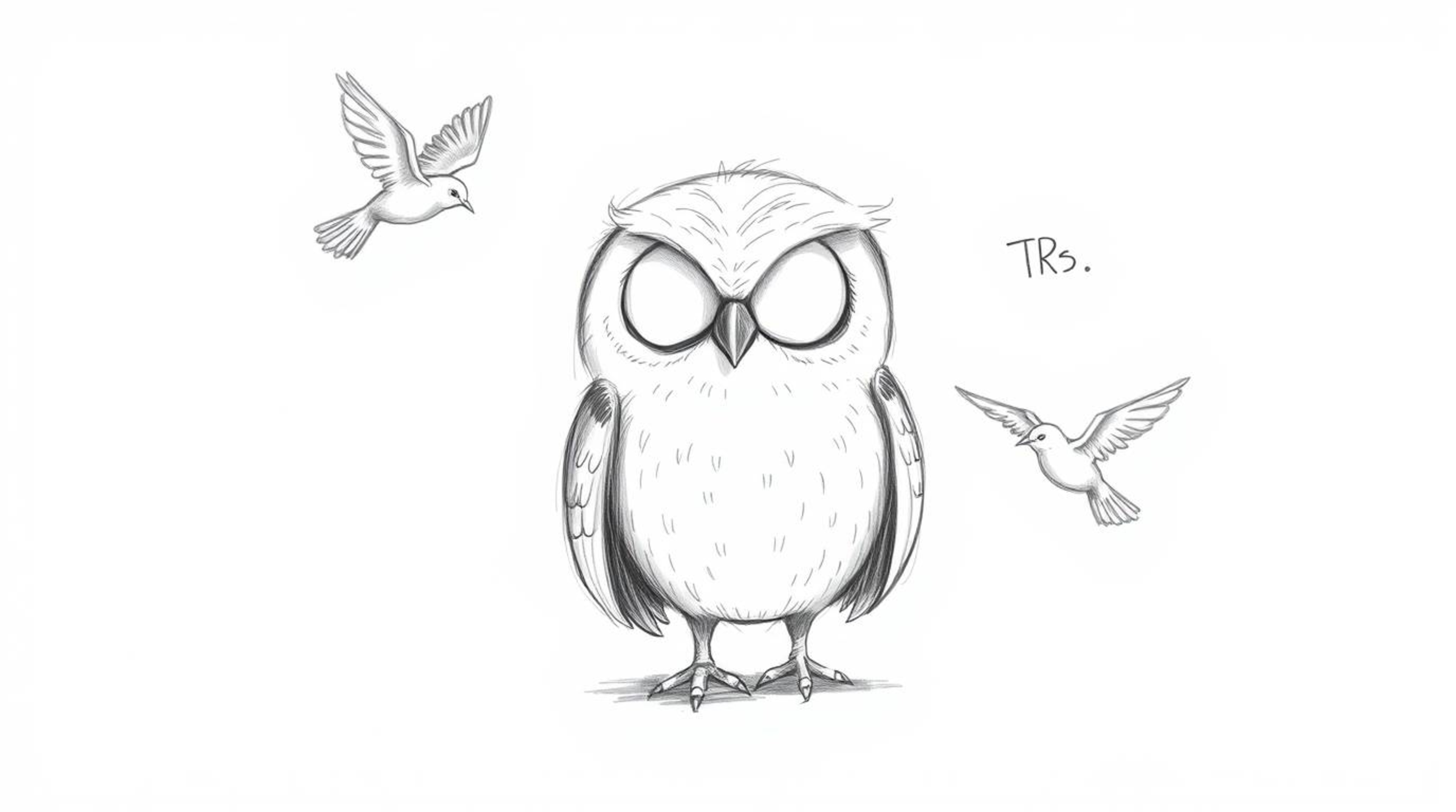 A heartwarming hand-drawn sketch, rendered in a Pixar style, depicts a blind owl with a gentle expression, suggested through 