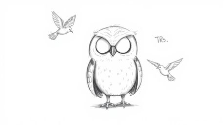 A heartwarming hand-drawn sketch, rendered in a Pixar style, depicts a blind owl with a gentle expression, suggested through 