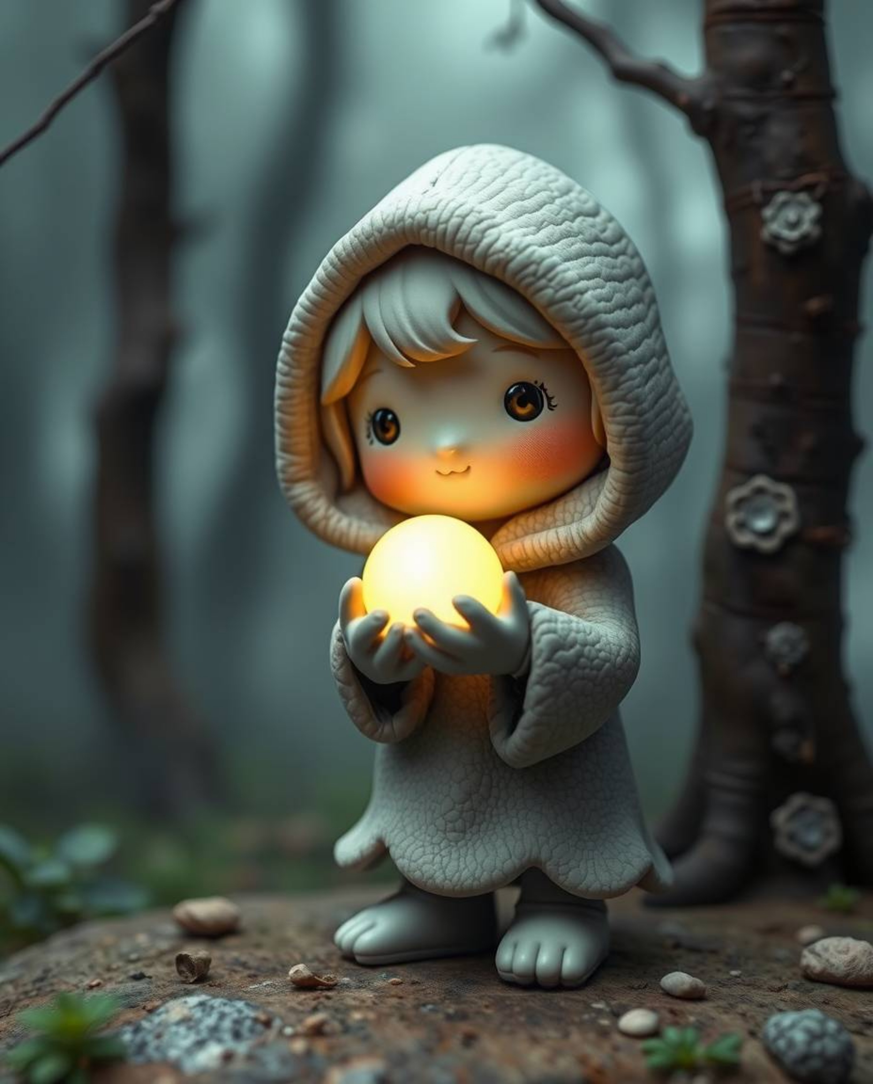 A charming and adorable cloaked figure sculpted in textured clay, stands in a misty forest holding a glowing orb. The modeled