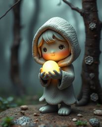 A charming and adorable cloaked figure sculpted in textured clay, stands in a misty forest holding a glowing orb. The modeled