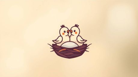 A charming logo design features two cartoon birds constructing a nest, rendered in a classic animation style. The soft focus 