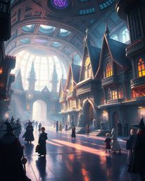 A captivating digital art piece depicting a magical school filled with young wizards.  The scene blends modern, futuristic el