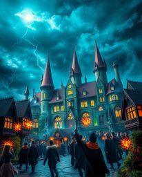 Discover a captivating illustration of a magical school brimming with young wizards.  The artwork features bright, vibrant co