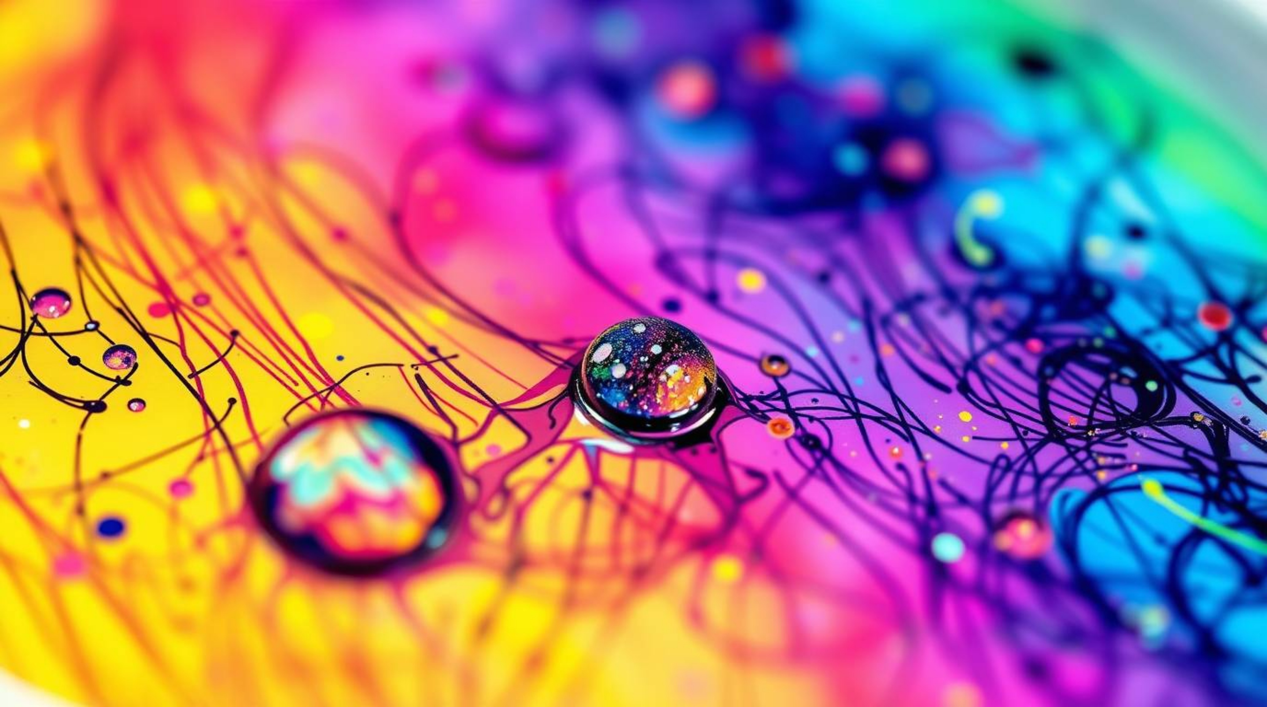 Explore an extreme macro close-up of a liquid surface brought to life with vibrant neon gradient textures in a hand-drawn ske