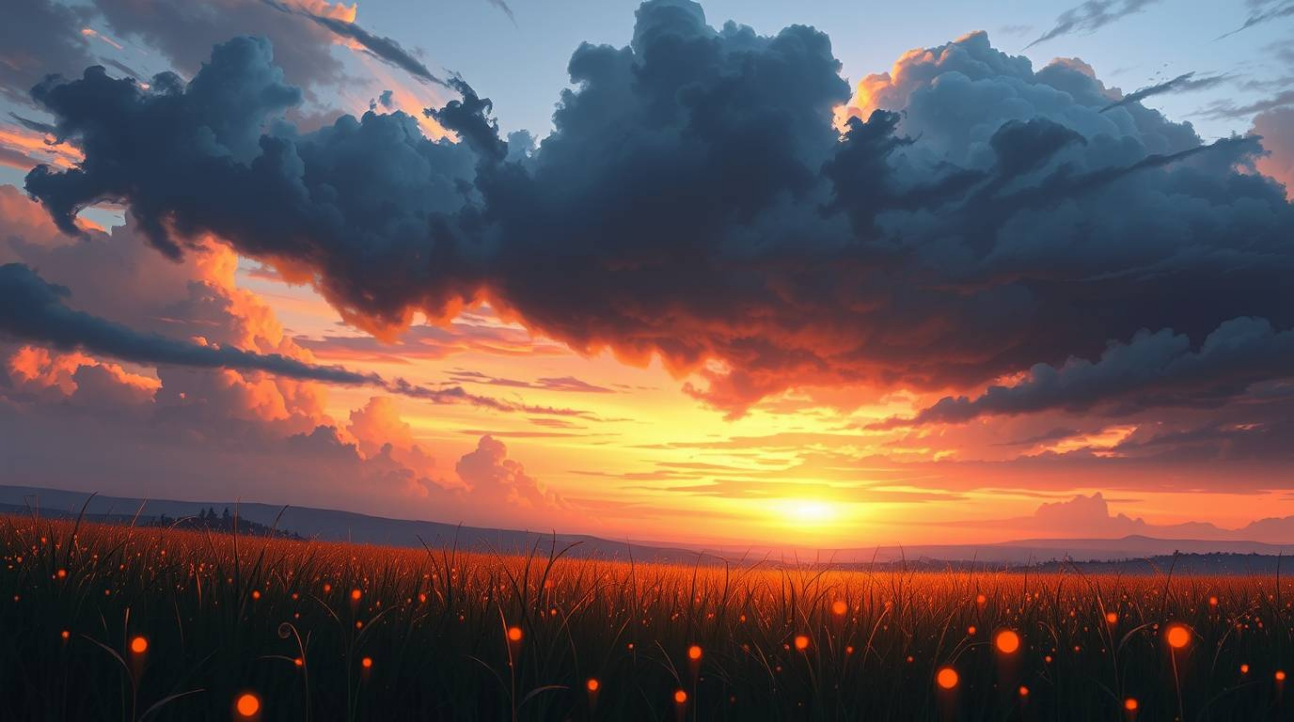 Experience the captivating beauty of an elegant digital painting depicting a sunset over a tranquil meadow.  Watch as firefli