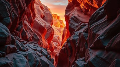 Experience the breathtaking beauty of a rocky canyon bathed in warm sunset hues. This high-contrast image showcases intense d