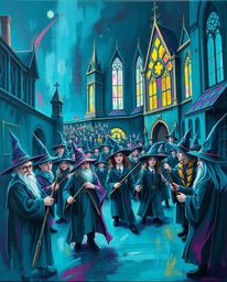 Discover a bold acrylic painting depicting a magical school brimming with young wizards. The artwork is characterized by ric