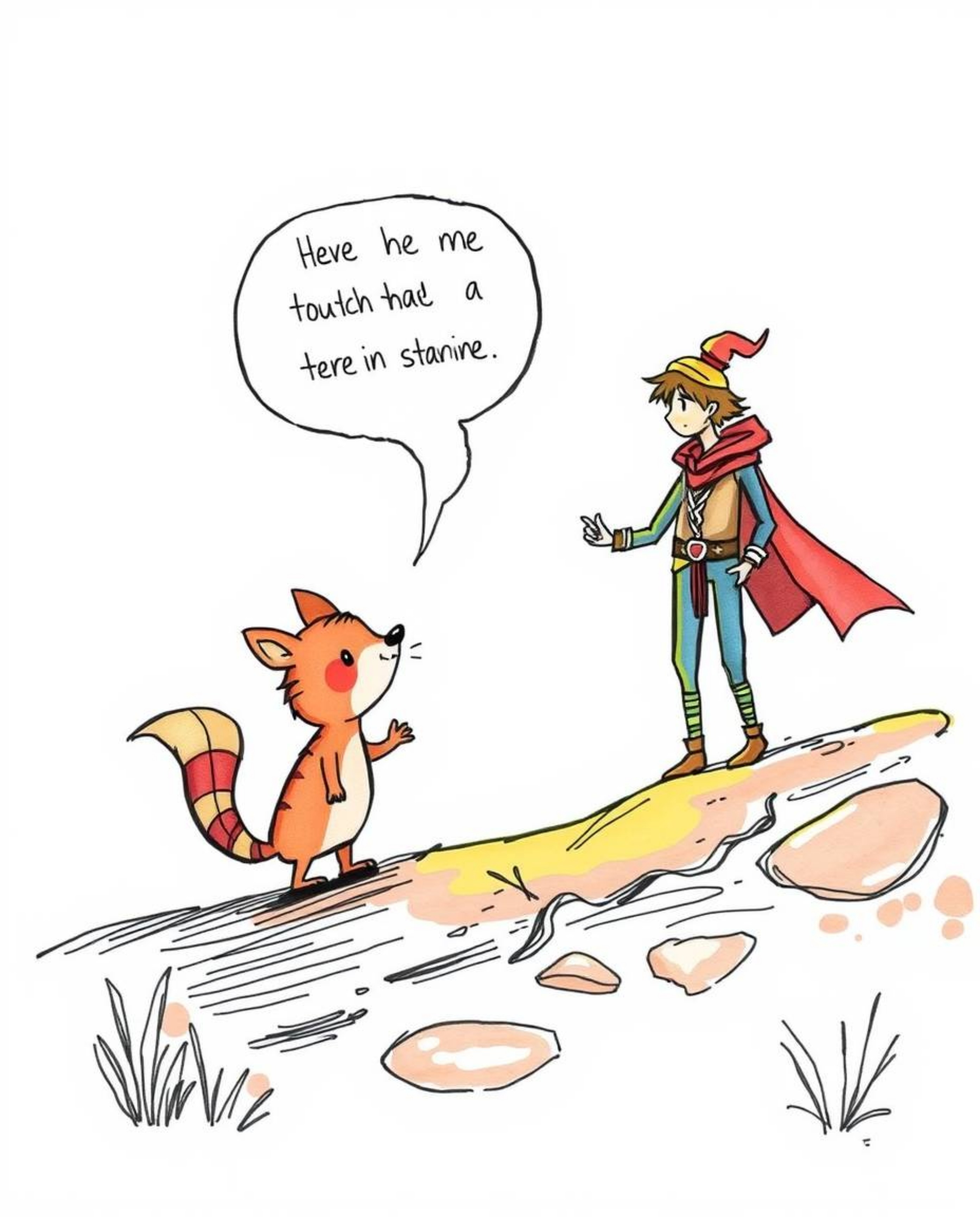 Embark on a vibrant adventure with a hero and their talking animal sidekick, depicted in a warm, hand-drawn color sketchnote