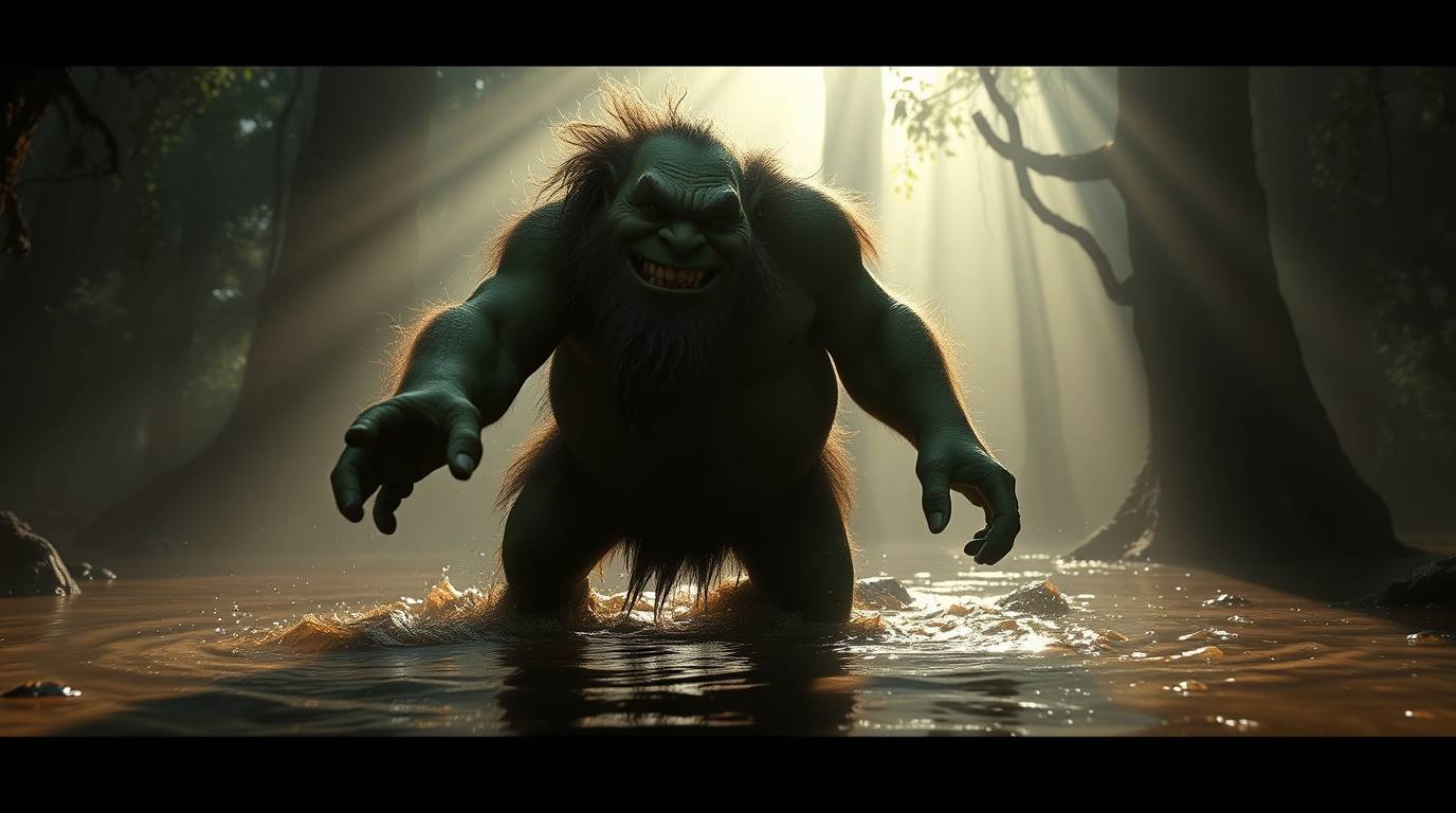 A captivating image depicts a large, green-skinned ogre with tusks and shaggy hair, joyfully dancing in a murky swamp. Soft, 