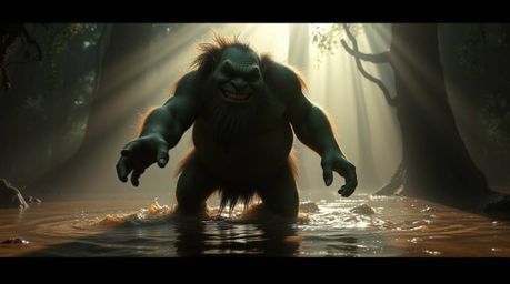 A captivating image depicts a large, green-skinned ogre with tusks and shaggy hair, joyfully dancing in a murky swamp. Soft, 