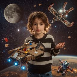 Exquisite high-fashion photography depicts a boy with messy brown hair and bright eyes building a magnificent cardboard space