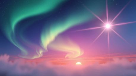 A captivating digital painting showcases the ethereal beauty of the Northern Lights emerging over a hazy sunset.  Vibrant col