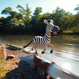 A dynamic long exposure photograph capturing a whimsical scene: a 3D cartoon zebra playfully evades a crocodile near a lush r