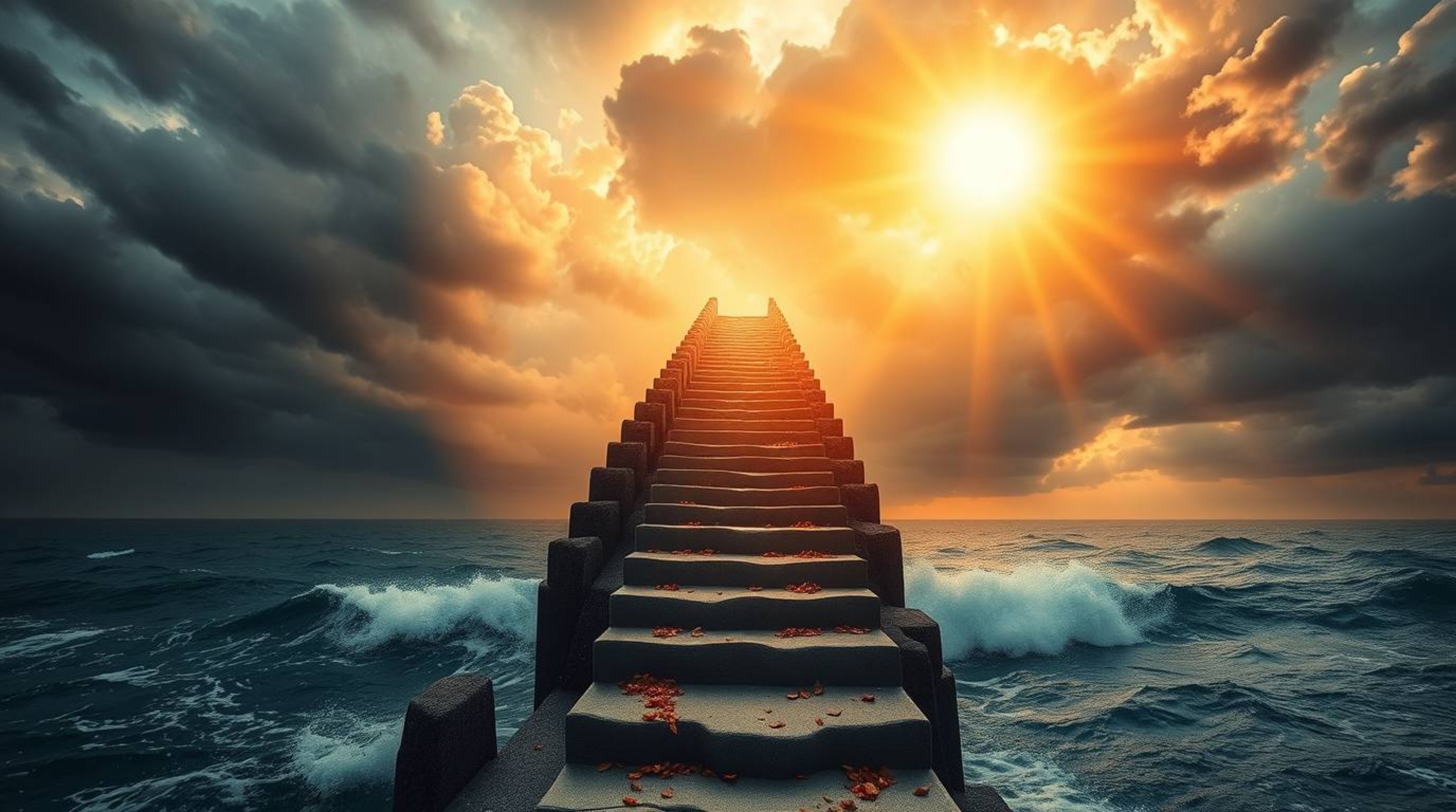 This artwork presents an epic and symbolic scene featuring a dramatic staircase rising majestically from the ocean towards a 