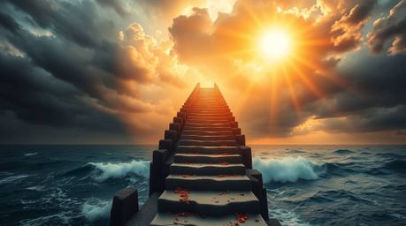 This artwork presents an epic and symbolic scene featuring a dramatic staircase rising majestically from the ocean towards a 