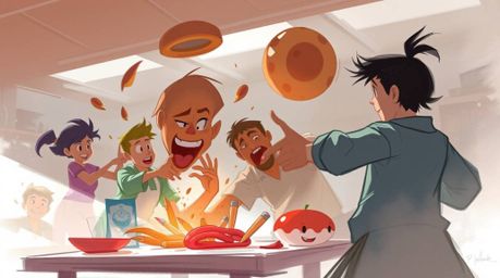 A dynamic digital sketch depicts a chaotic and fun food fight in a cartoon cafeteria.  Rendered in a painterly style with mis