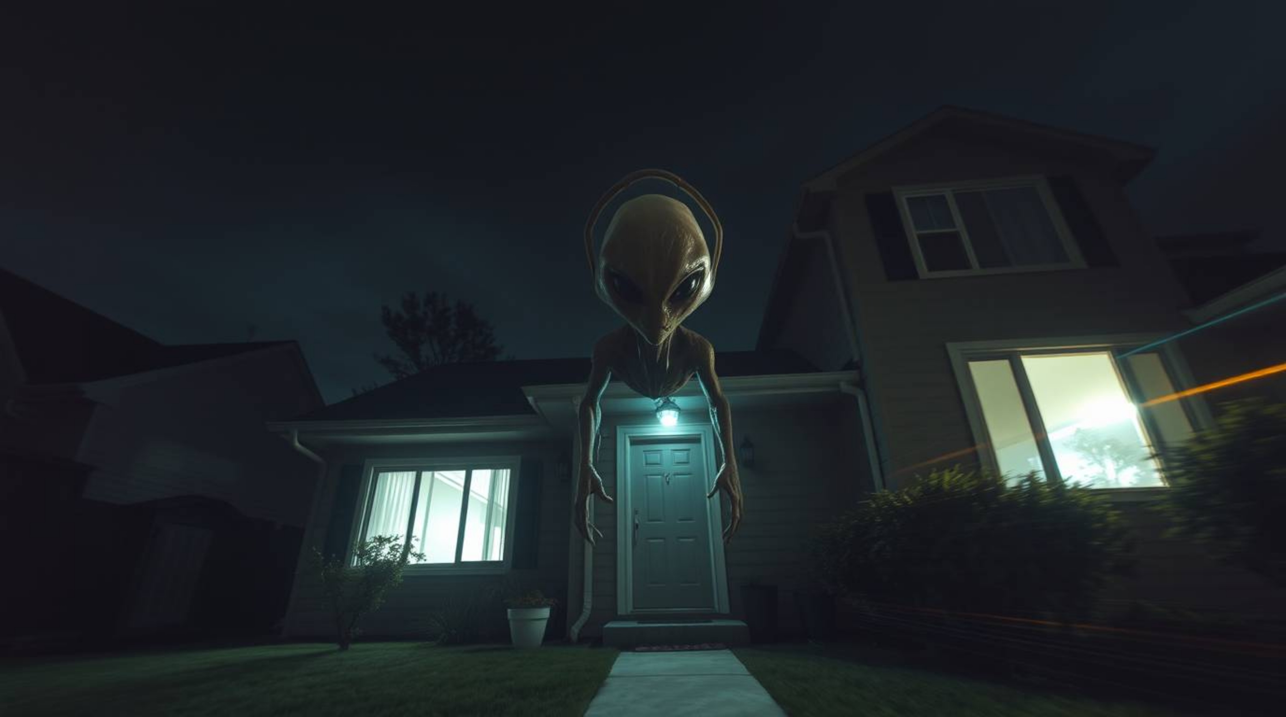 Capture a surreal and epic scene with long exposure photography featuring an alien residing in a suburban house. This massive