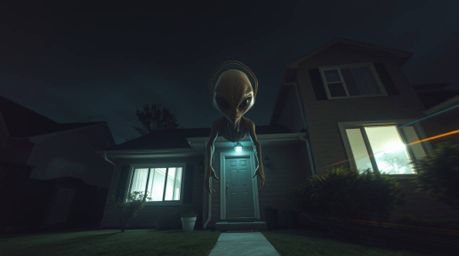 Capture a surreal and epic scene with long exposure photography featuring an alien residing in a suburban house. This massive