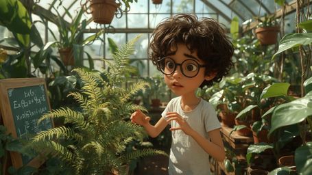 a vibrant, whimsical photograph reminiscent of Pixar, depicting a bespectacled, curly-haired young genius, likely around 12 y