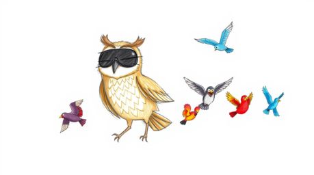A charming hand-drawn sketch in the style of Pixar depicts a gentle blind owl with soft, textured pencil strokes, leading a v