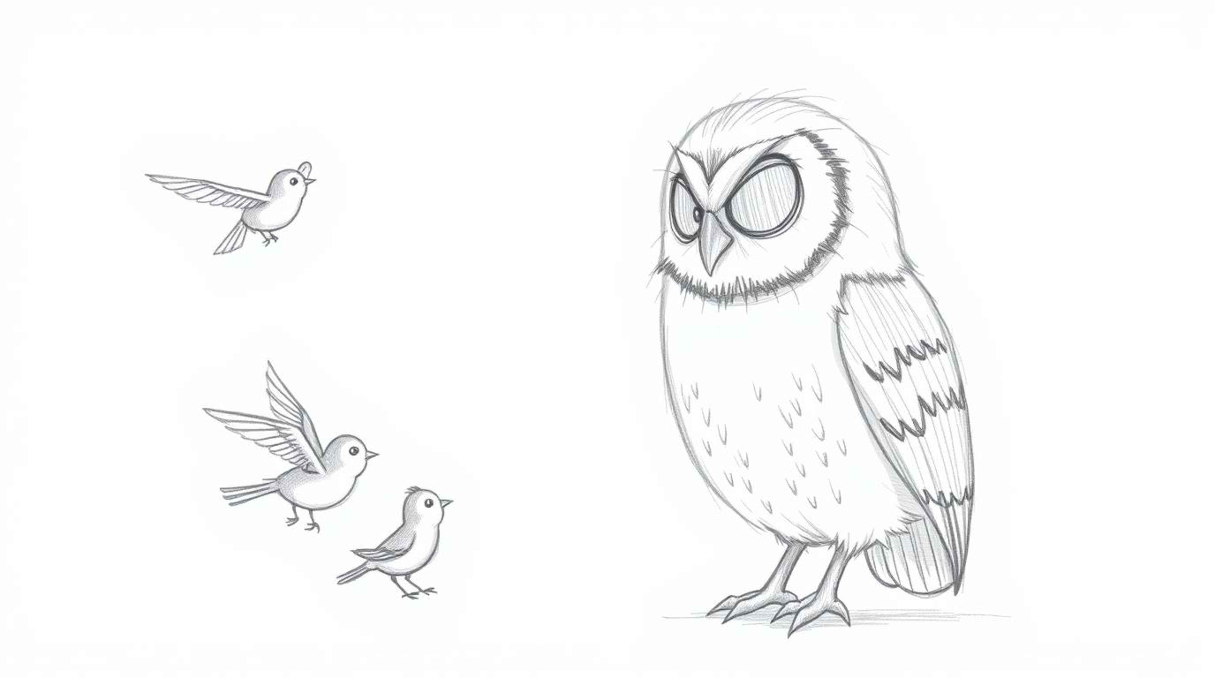 A heartwarming hand-drawn pencil sketch in Pixar style depicts a blind owl peacefully teaching small birds how to fly.  The i