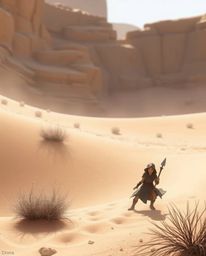 Embark on a dreamlike desert adventure with a brave, Disney-style hero, bathed in gentle soft light and natural earth tones. 