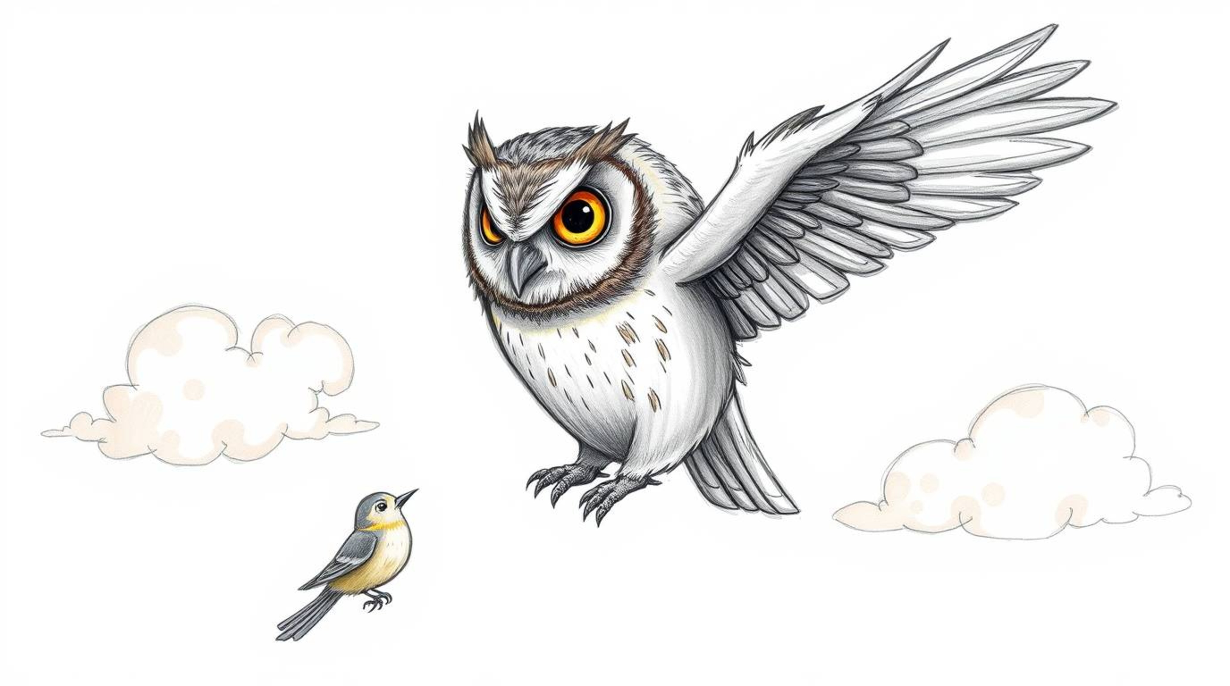 This hand-drawn sketch, created in a charming Pixar style, features a blind owl whose features convey wisdom and patience as