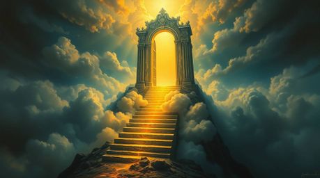 A captivating fantasy realism painting showcases a bioluminescent heavenly gate, radiating a vibrant glow, floating above a s