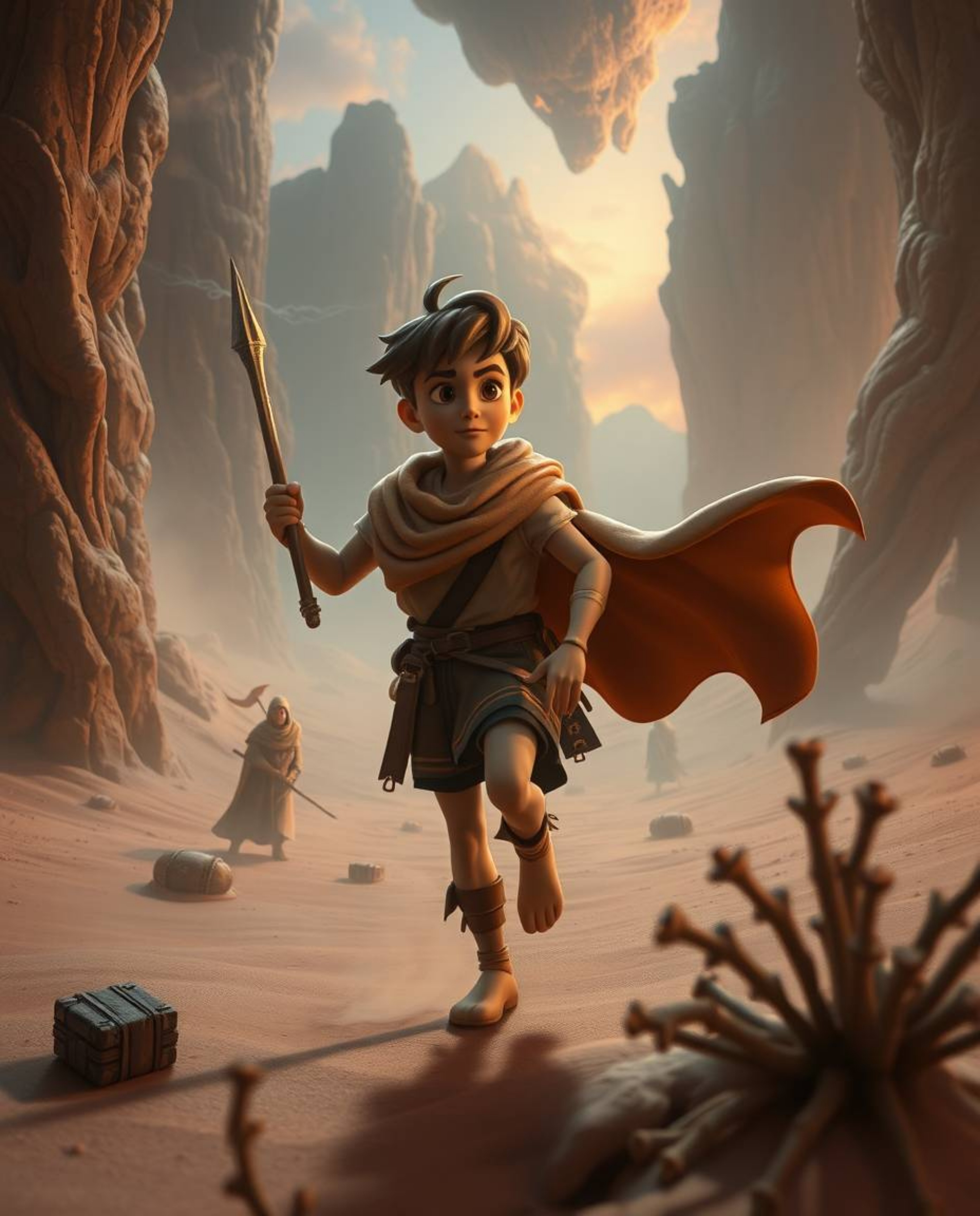 Embark on a fantastical desert adventure with a brave, Disney-esque hero in a surreal landscape filled with dreamlike imagery