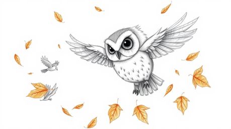 This is a hand-drawn sketch, reminiscent of Pixar's style, portraying a blind owl with soft, detailed feathers and large, exp