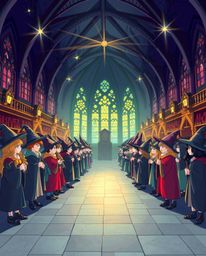 A captivating illustration depicts a magical school brimming with young wizards. The scene is dynamically divided into disti