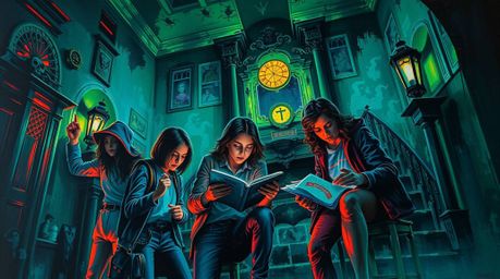 A captivating acrylic painting showcases a group of teenagers unraveling mysteries within a haunted mansion.  The artwork is 