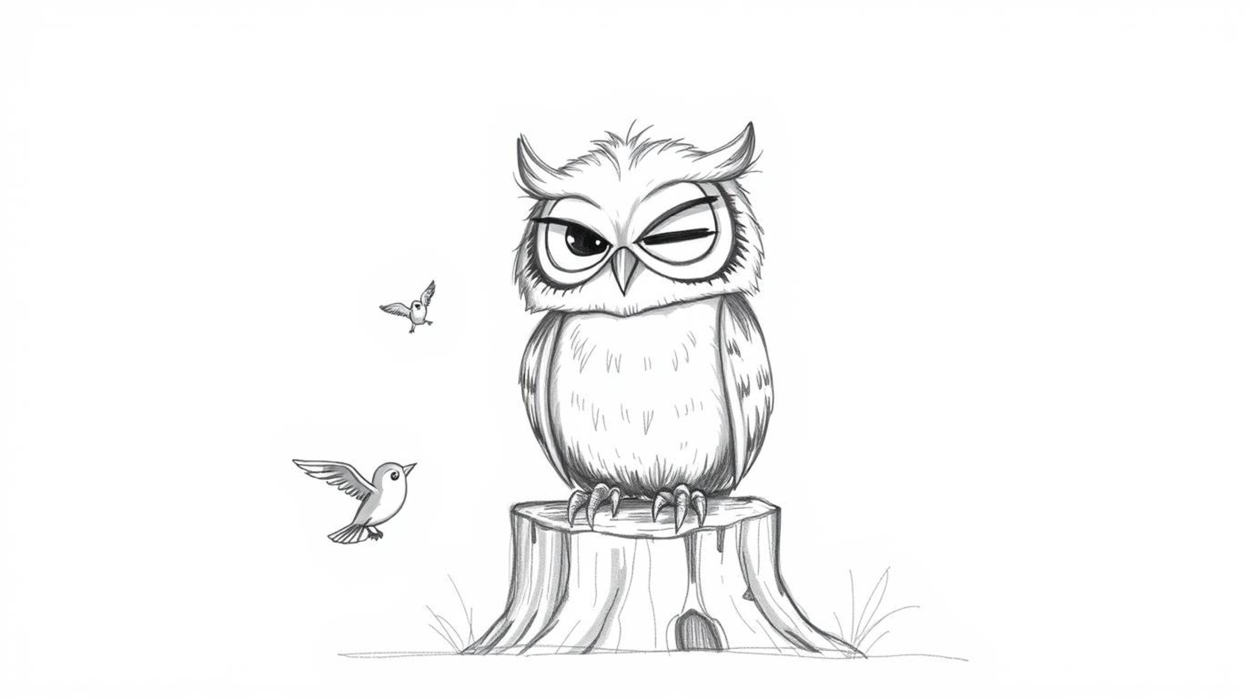 A heartwarming scene depicts a blind owl, rendered in a charming Pixar style, perched on a weathered tree stump.  He smiles b