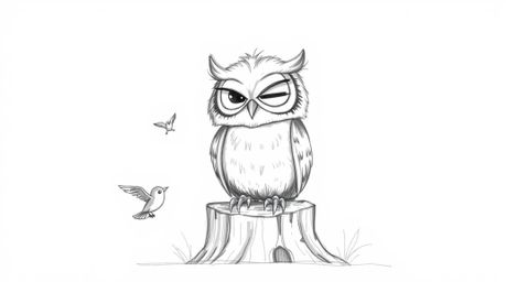 A heartwarming scene depicts a blind owl, rendered in a charming Pixar style, perched on a weathered tree stump.  He smiles b