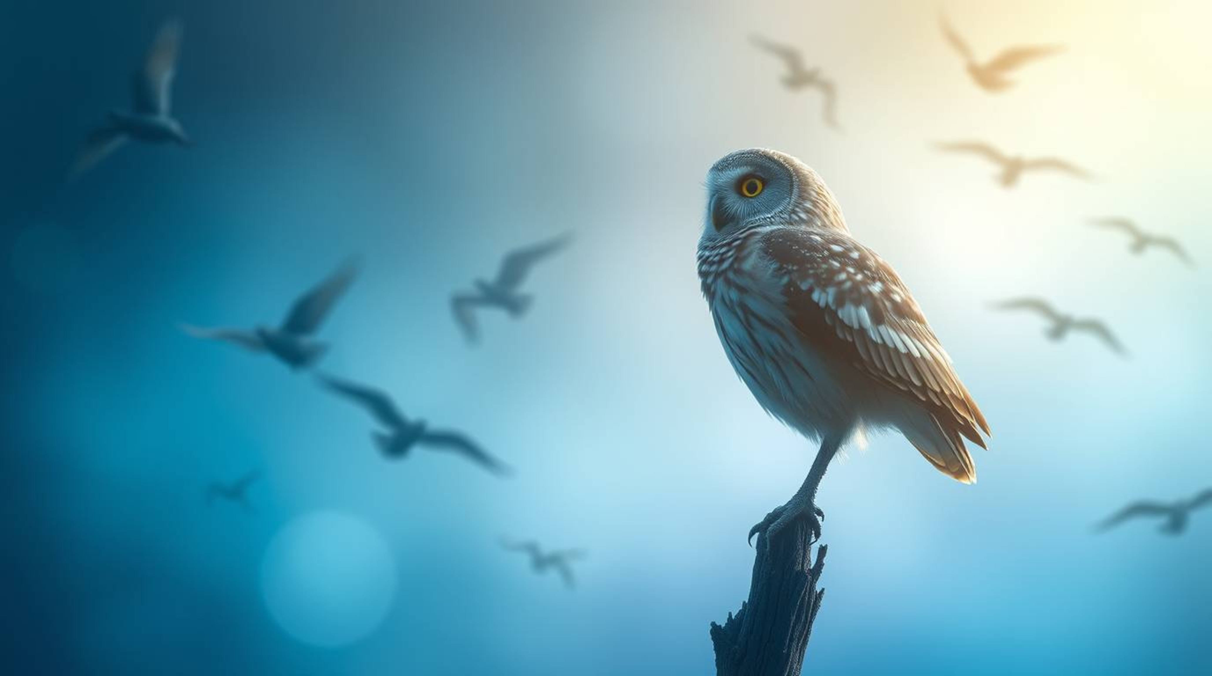 This long exposure photograph captures a deeply ethereal and spiritual vibe. A blind owl, rendered in a heartwarming Pixar st