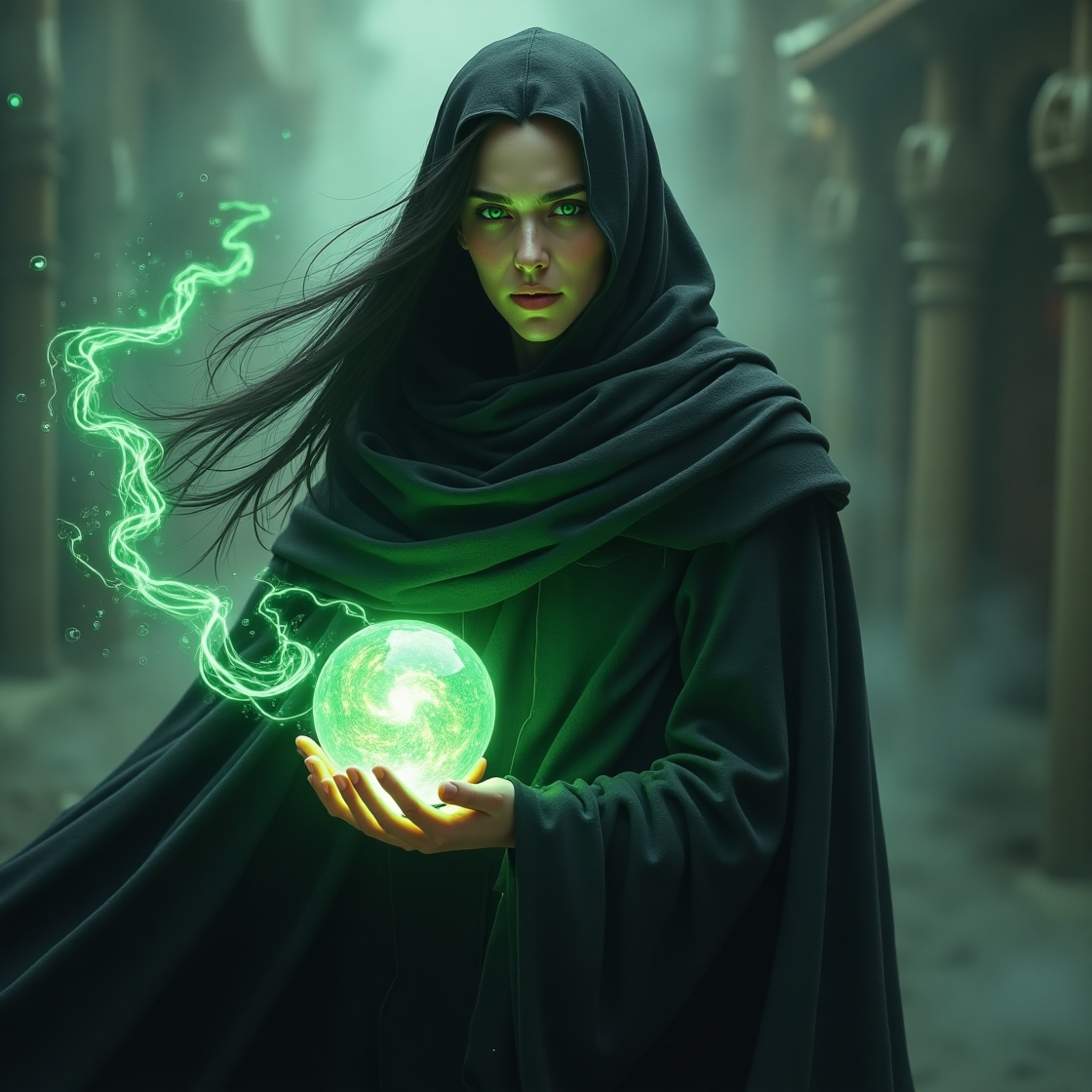 A powerful sorcerer, cloaked in living shadows, holds a radiant orb of swirling, iridescent energy. Their piercing emerald ey