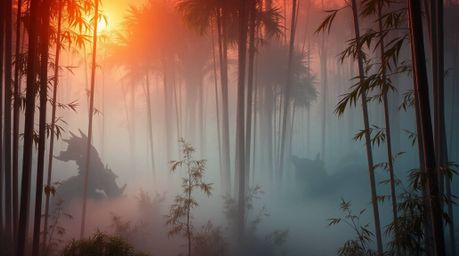 Immerse yourself in a dreamlike, surreal image of a bamboo forest bathed in the warm glow of sunset, shrouded in a veil of th