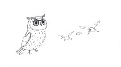 A hand-drawn pencil sketch, rendered in Pixar style, depicts a heartwarming scene of a blind owl with soft, feathery textures