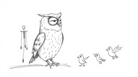 A heartwarming hand-drawn sketch in the style of Pixar portrays a blind owl, rendered with soft, feathery texture, dedicatedl