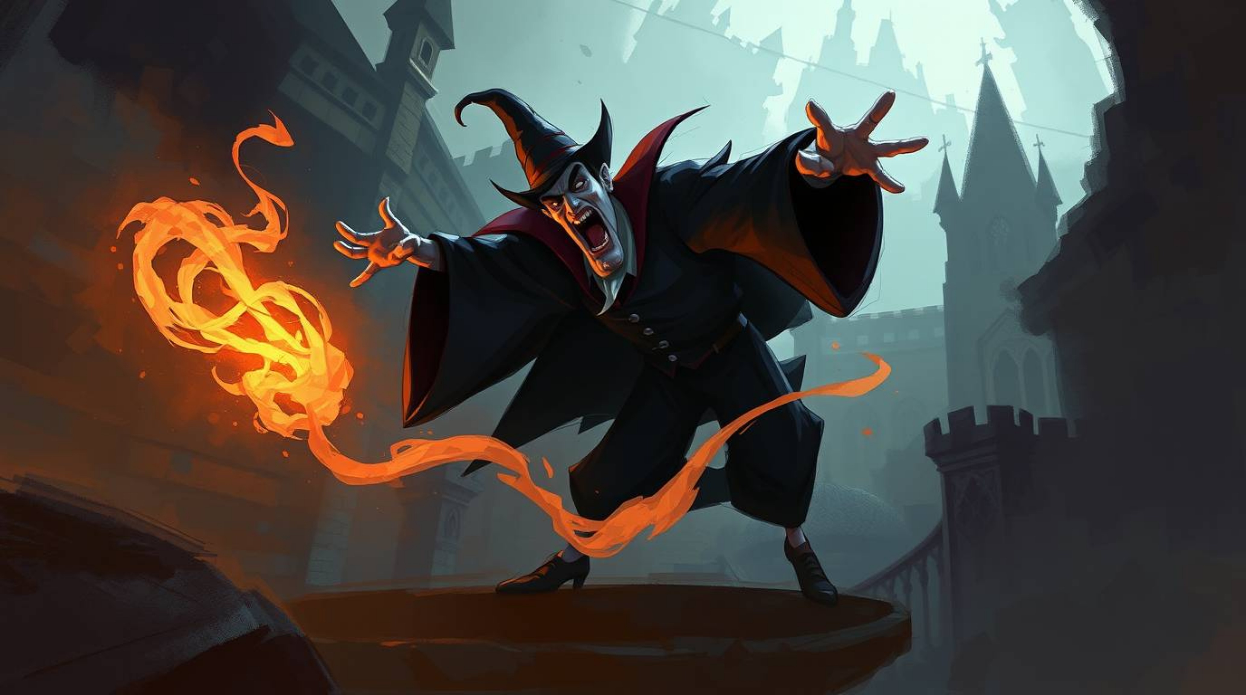 A dynamic digital sketch captures a classic Disney villain in motion, casting a spell within an old castle. Loose, painterly
