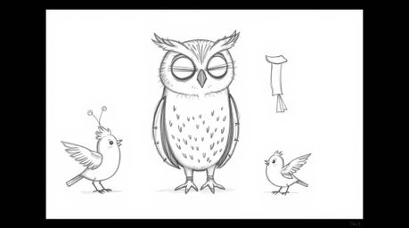 A heartwarming hand-drawn sketch in Pixar style depicts a kind, blind owl with soft, rounded features patiently teaching smal