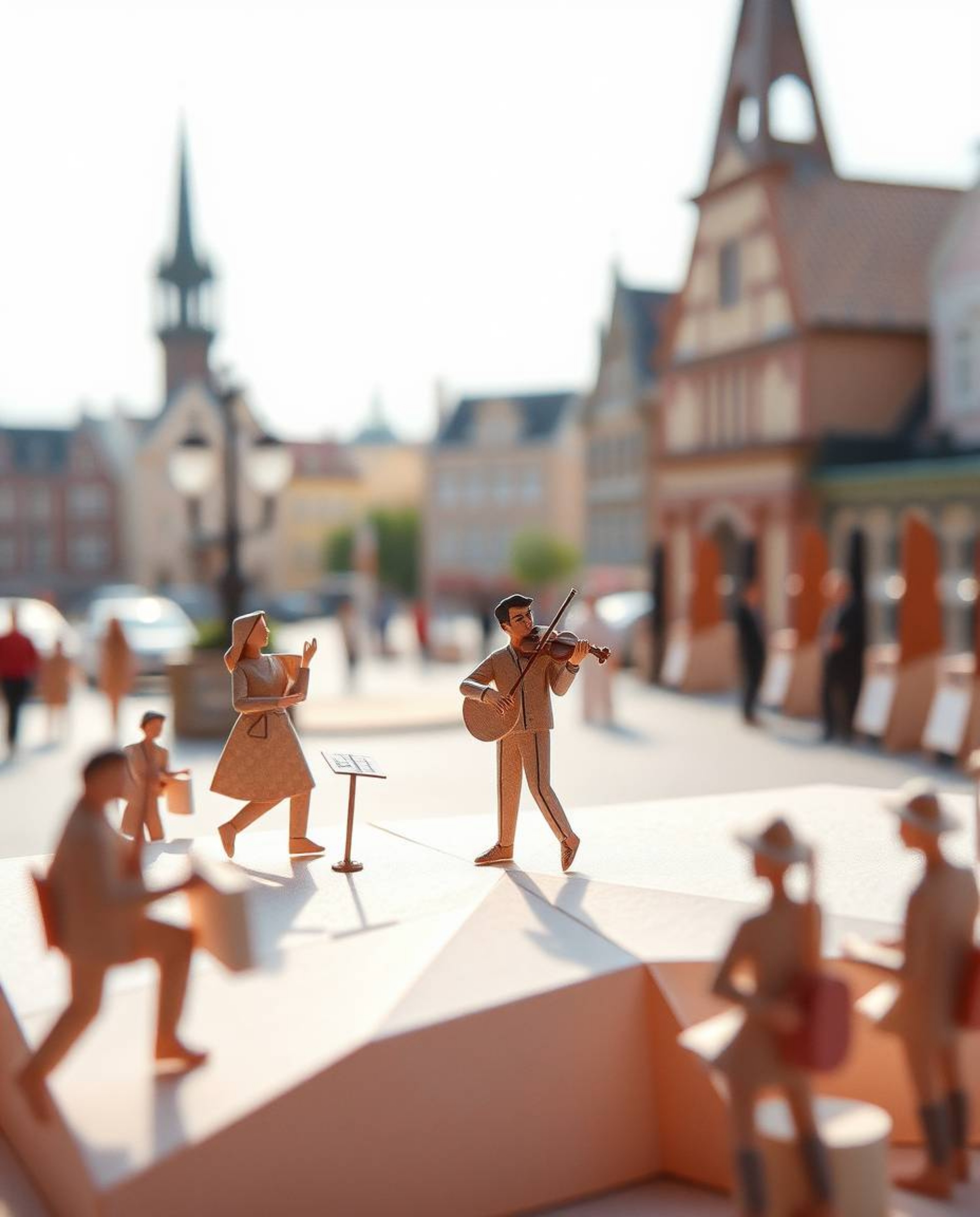 Experience an extreme close-up of a vibrant musical number unfolding in a bright town square.  This intricately rendered orig