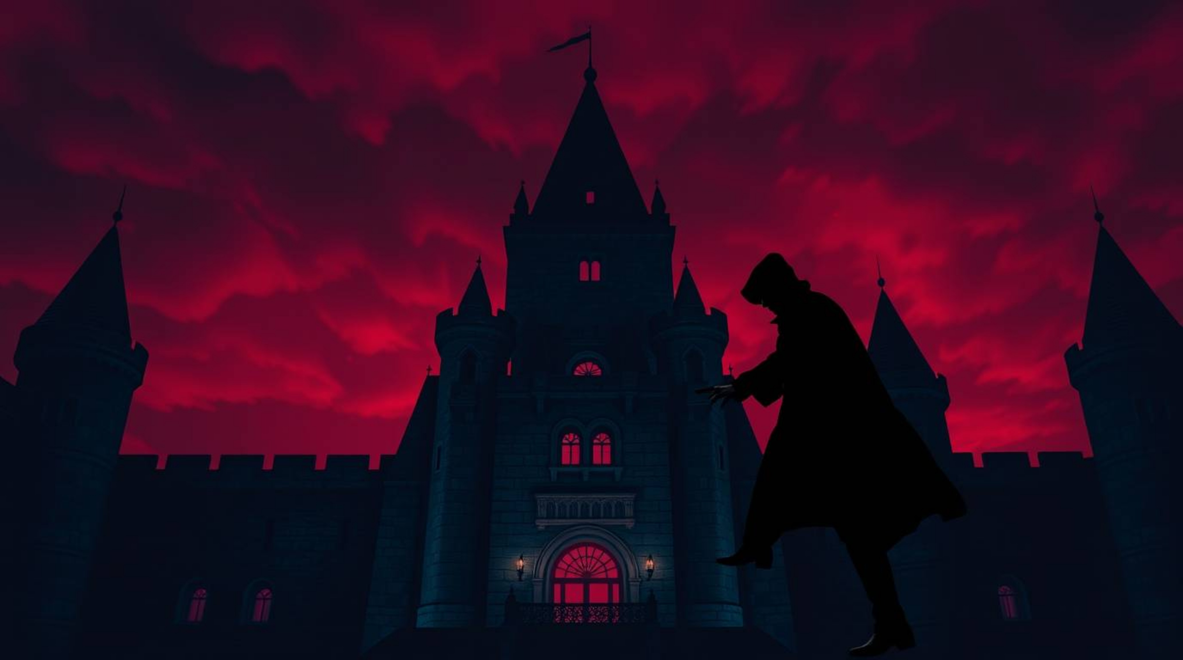 A thief, silhouetted against a rich burgundy sky, stealthily infiltrates a deep blue castle, an elegant composition showcasin