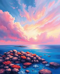 An adorable, cute, mystic, and enchanting painting depicts a colorful sky over a coral reef at low tide. This artwork creates