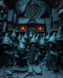 Explore a magical school populated by young wizards, meticulously sculpted from clay in dark, eerie tones. The unsettling det